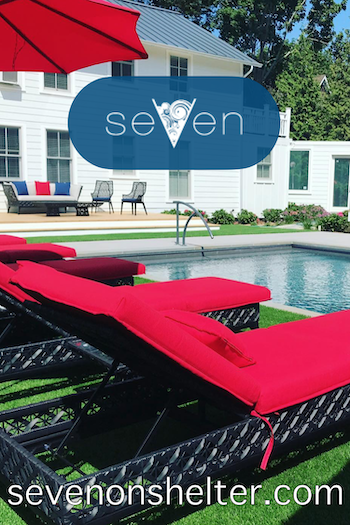 A business card for Seven on Shelter with an image of the hotel pool and lounge chairs and web address seven on shelter dot com.